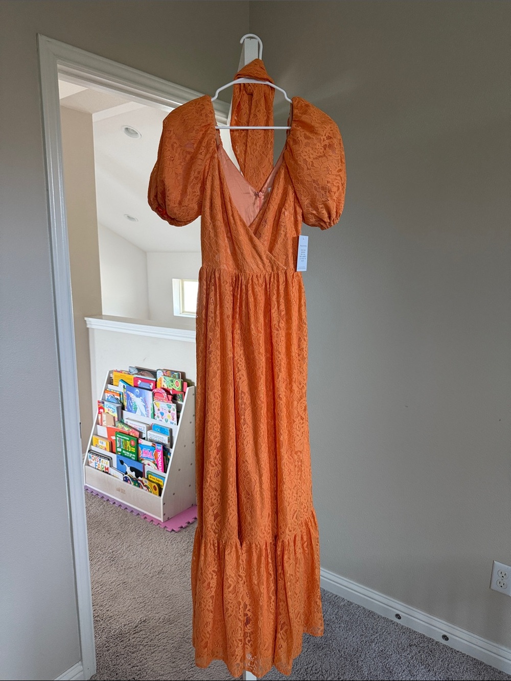 Alamour The Label Orange Lace Maxi with Puff Sleeves